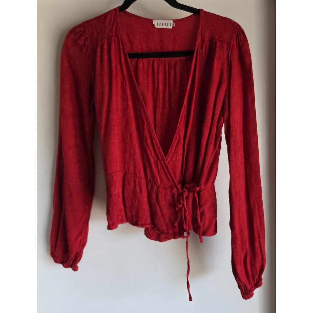 LACAUSA Blouse Women S Red Paisley V-Neck Long Sleeve Wrap Top